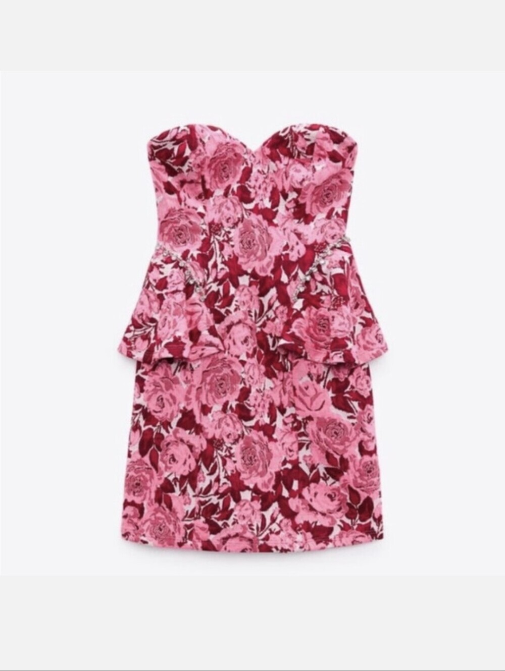Zara, Jaquard Strapless Pink Floral Peplum Mini Dress, S - Picture 4 of 6
